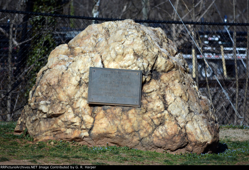 The John Lynch boulder.  Placed in July 1912 at the site where John Lynch, the founder of Lynchburg, established a ferry across the James River.